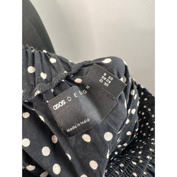 ASOS Black White Fit & Flare Dress Polka Dot Smocked Raw Cut Edges Pullover Sz 8 - Picture 6 of 6